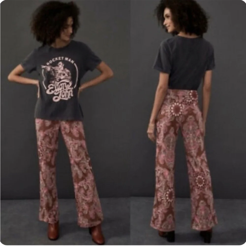 NWT Anthropologie size 10 Maria Pink and Brown Paisley Flare Pants - Picture 3 of 12